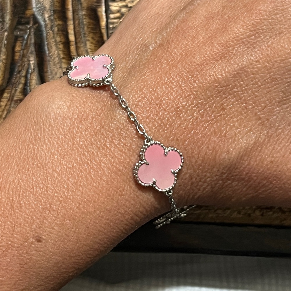 925 silver  Clover pink Charm Bracelet 7.5 in NEW - Picture 4 of 11